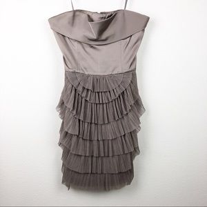 BCBG Taupe Tiered Satin Tulle‎ Strapless Dress